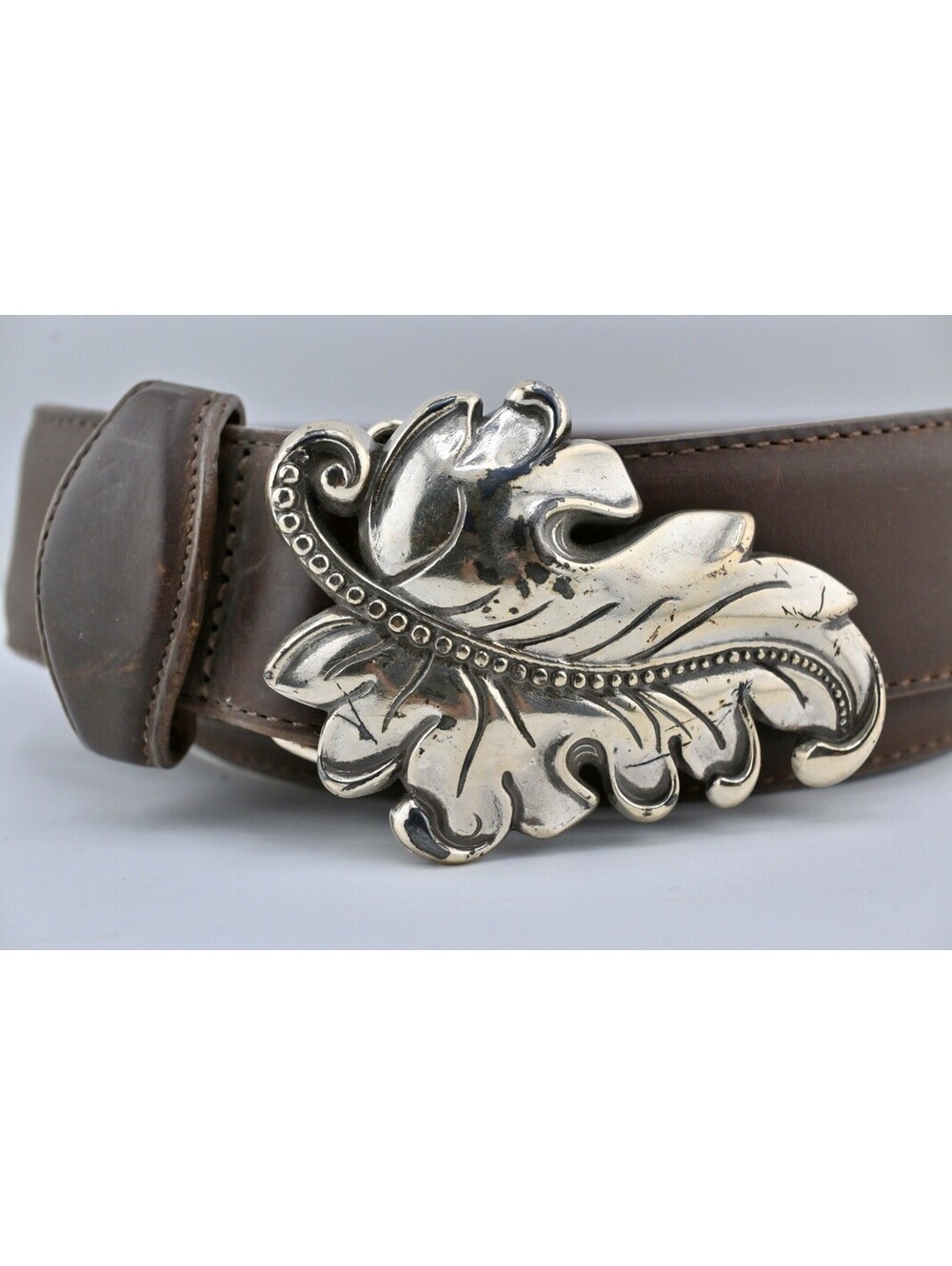 LEATHER L brown western Acanthus Silver leaf belt buckle 49 Inches Long